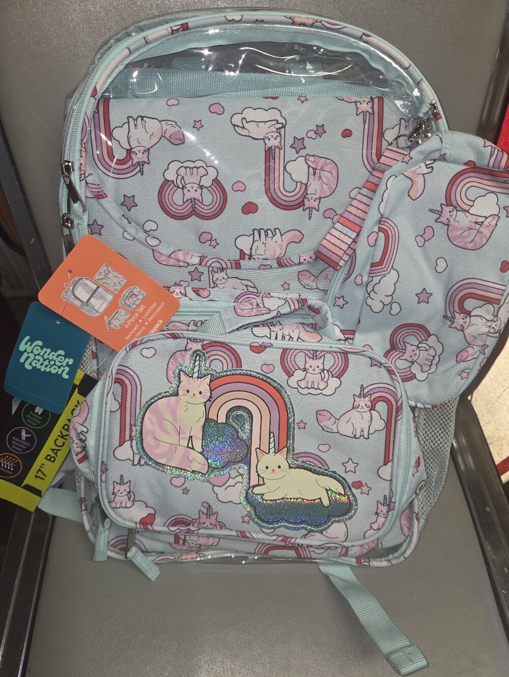 wonder nation Light Blue Unicorn Cat Rainbow Backpack with Lunch Bag